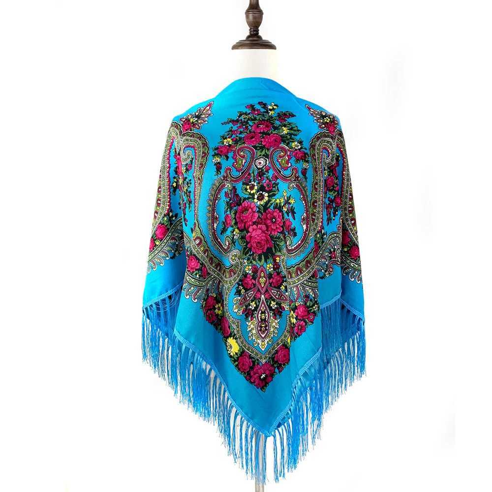 135 * 135cm Womens Square Scarf Babushka Headscarf Shawl Retro Flower Pattern National Scarf W240810