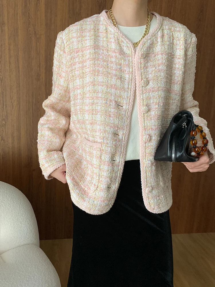 LANMREM Tweed Round Neck Blazer For Women Single Breasted Long Sleeve Office Lady Loose Jackets Autumn 26D9827 240812