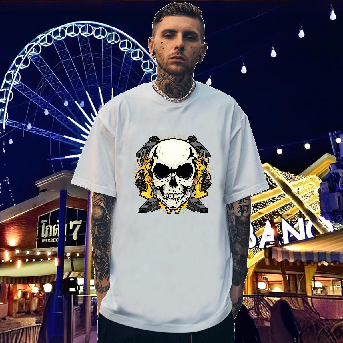Fashion Casual T Shirts Men skull Top Tees 100% Cotton 230g Beach Cool Asian Size Breathable Crew Neck Men Tshirts