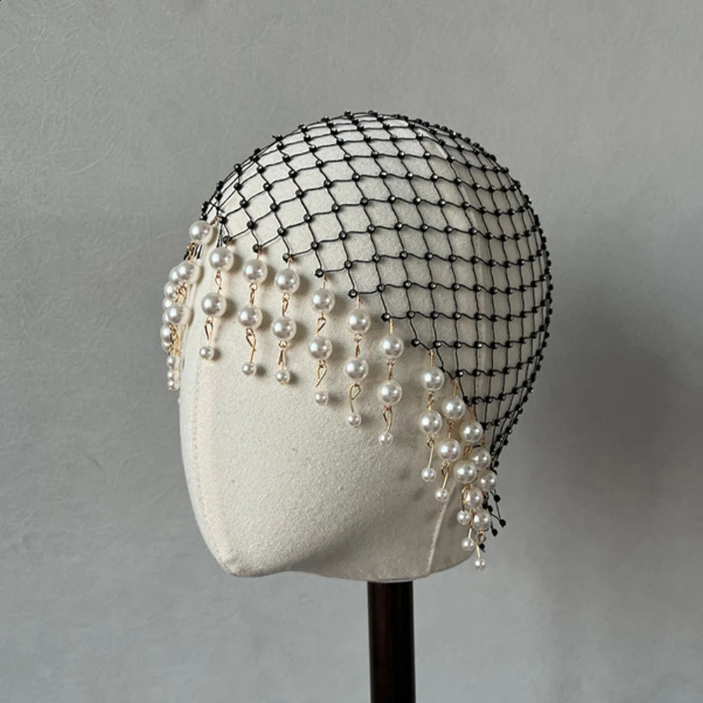 Stonefans Wedding Pearl Tassel Hair Accessories Wedding Hairband Handmade Hollowed Mesh Headpiece Head Chain Head Cap Gifts 240805