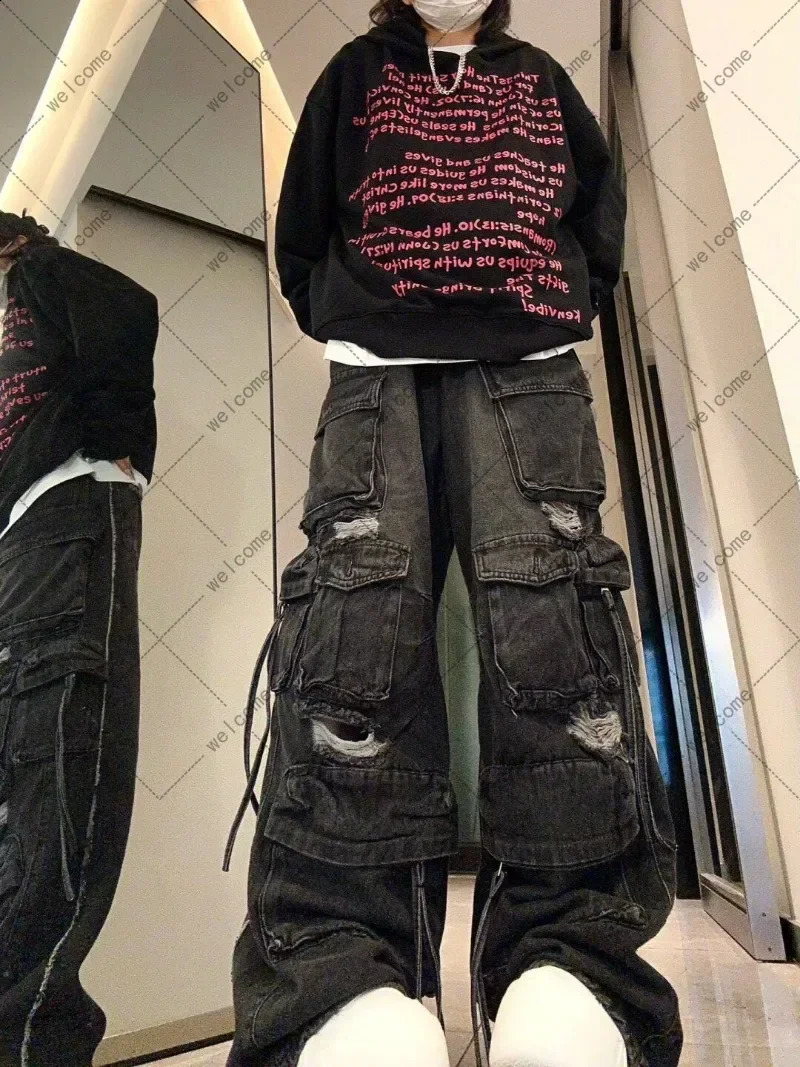 Harajuku ripped multi pocket Y2K high waisted jeans clothing 2000s hiphop street slim straight wide leg cargo bag pants 240807