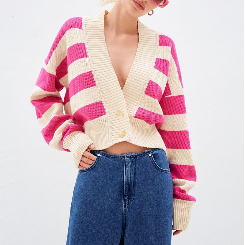 2024 Autumn/Winter Russian Sweater Wear Contrast Loose Design Knitted Cardigan Coat Women's h812#54