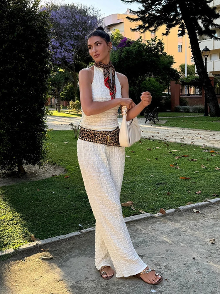 Elegant Pleated Halter Tops Pant Sets Women Sleeveless Backless Vest High Waist Wide Leg Trouser Suit Lady Fashion 2 Pieces 240812