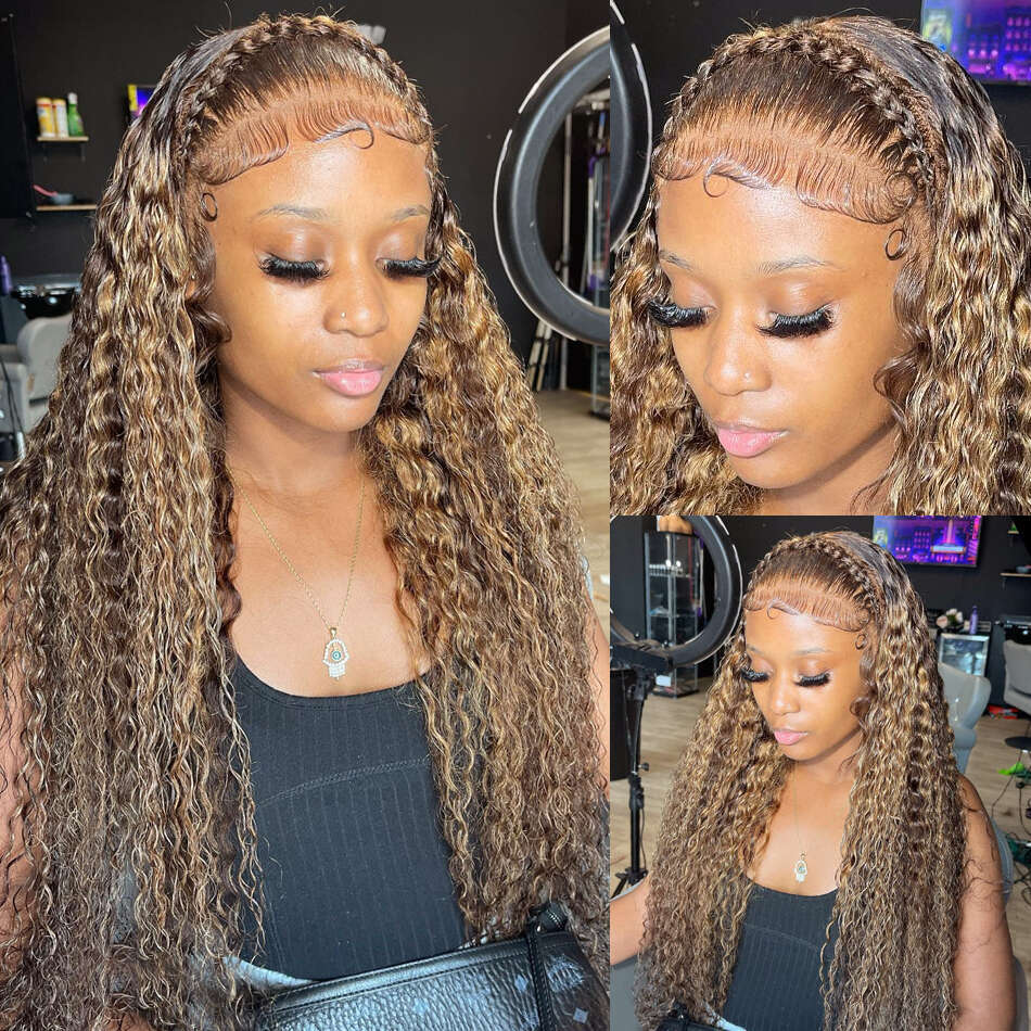 Highlight Curly Human Hair Honey Blonde Front Wig 13X4 13X6 Water Deep Wave HD Lace Frontal Bleached Wigs For Women