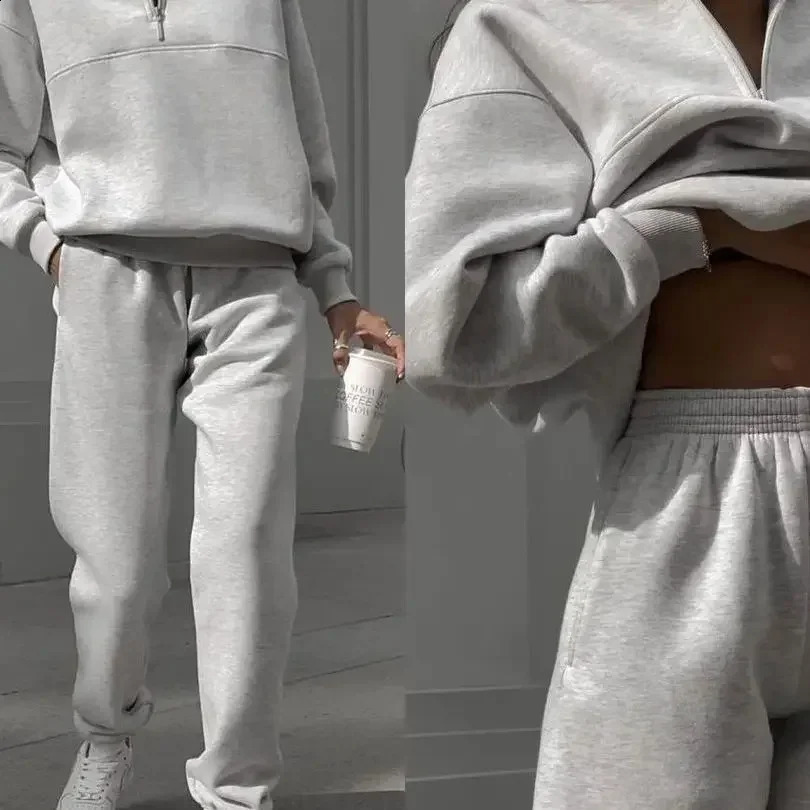 Tracksuit Women Pant Sets Two Piece V Neck Long Sleeve Solid Pullovers Loose High Street Elastic Waist Pencil Pants Flat Zipper 240812