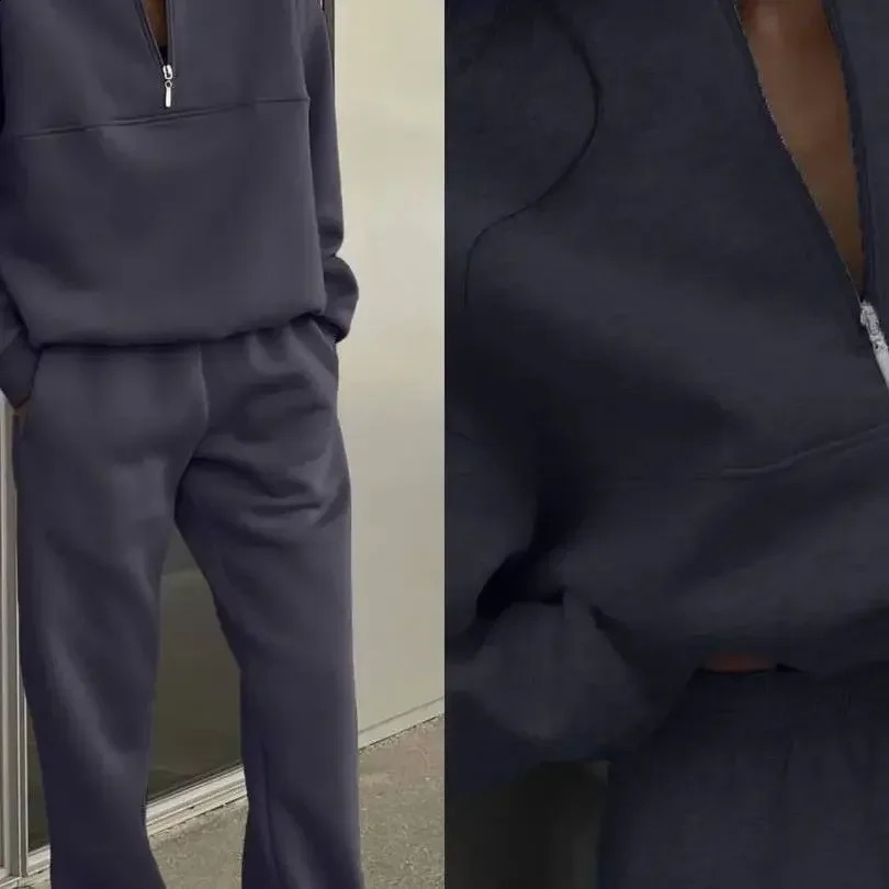 Tracksuit Women Pant Sets Two Piece V Neck Long Sleeve Solid Pullovers Loose High Street Elastic Waist Pencil Pants Flat Zipper 240812