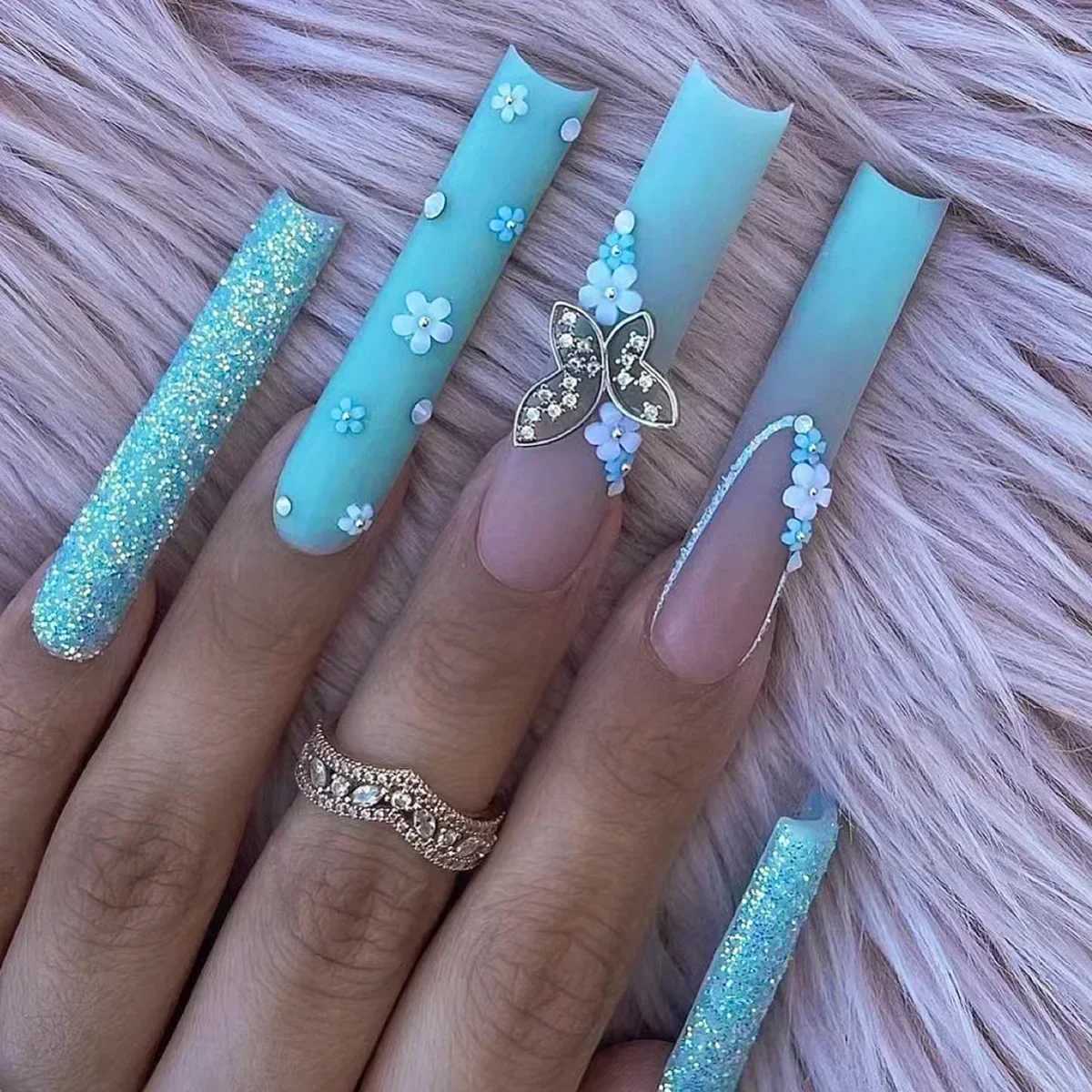 24 pieces of fully covered fake nails with glue rectangular coffin fake nails French detachable ballet troupe love patterns nail design press W240810