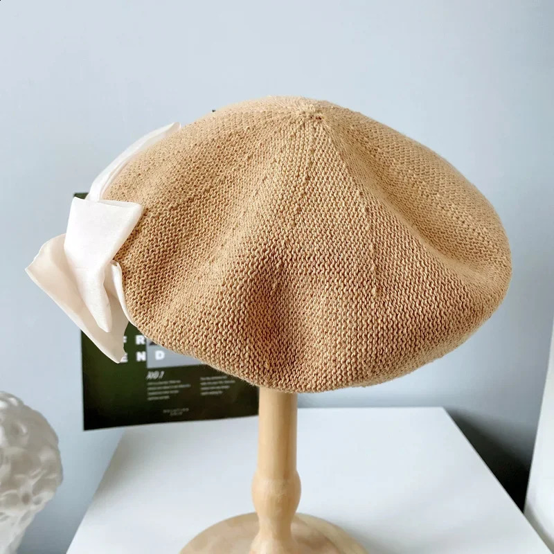 Japanese Style Big Bow Autumn Beret Cap Female Women Summer Breathable Knitted Hat Temperament Painter Hat For Girl 240805