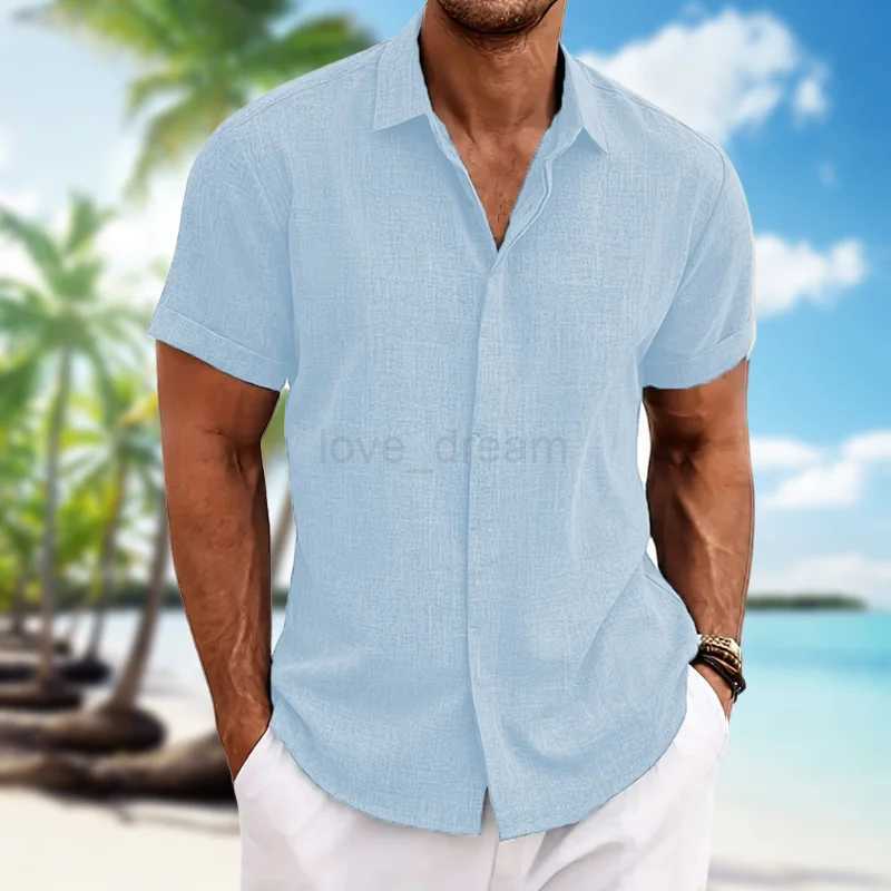 Mens short-sleeved shirt cotton linen lightweight skin-friendly beach top loose casual solid color fashion mens wearXJ240812