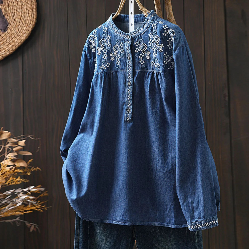 Elegant blouses for women 2024 summer ethnic long sleeve embroidery denim shirts and blouses jean shirts Y2K vintage top 240812