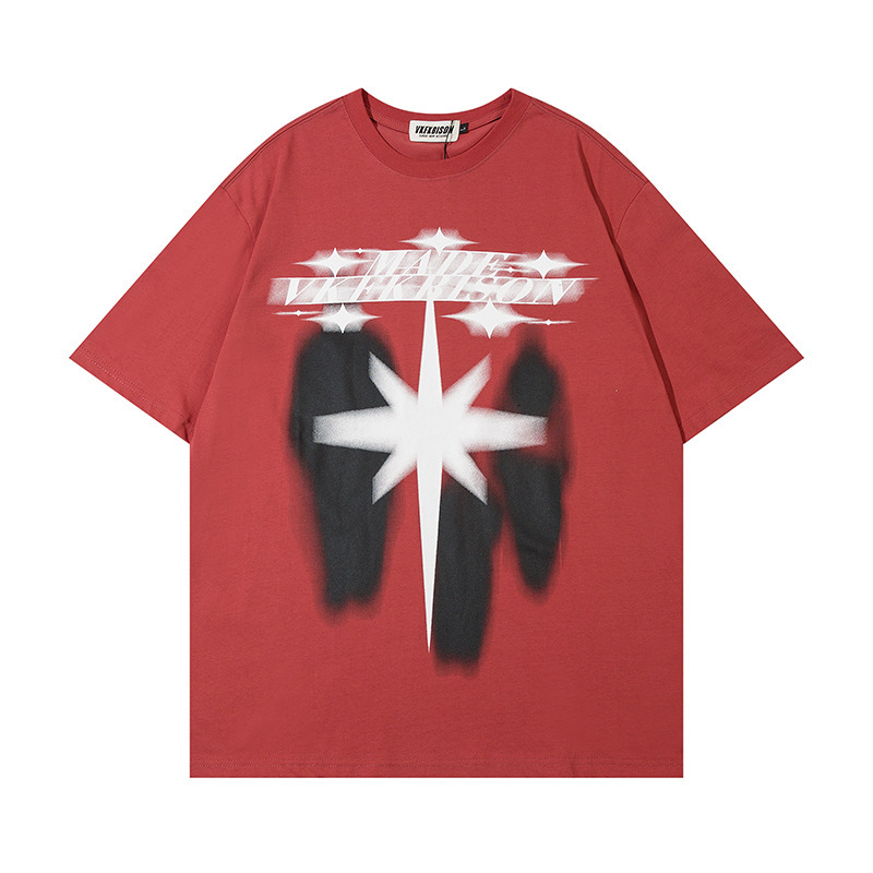 Mens Science Fiction Character Hexagram Print Pattern American Street Personality Niche Couple Dress Ins Short Sleeve t