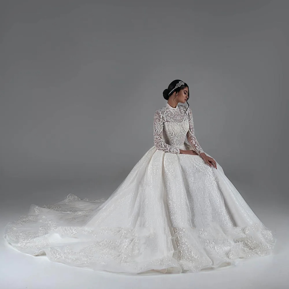 A-e Women Wedding High Neck Long Sleeves Bridal Gowns Lace Appliques Detachable Train Dress Custom Made vestidos de novia