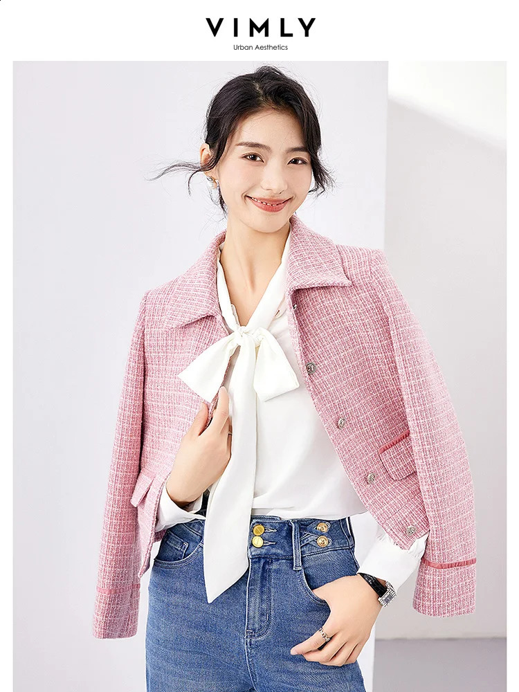 Vimly Elegant Pink Tweed Jacket Autumn Winter Clothes Women Single Breasted Long Sleeve Lapel Texture Coat Outerwear M2891 240812