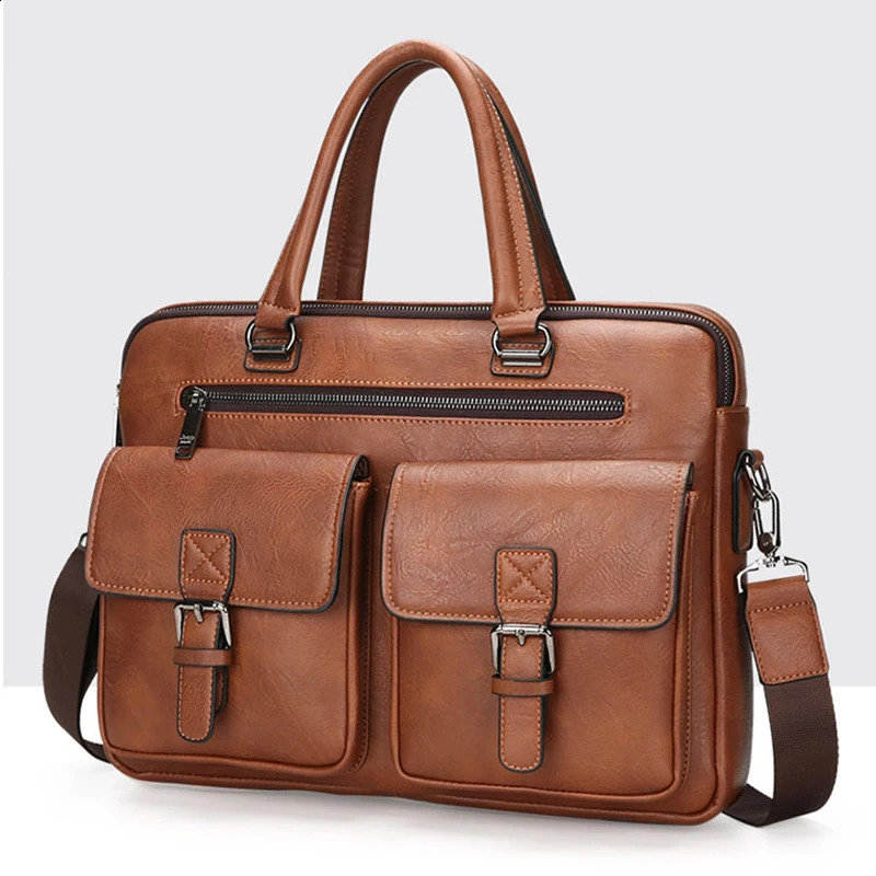 Mens administrative briefcase PU leather retro handbag mens laptop 14 messenger cross body Ita bag 240810