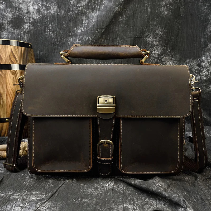 Fashionable retro large capacity leather mens briefcase top laptop bag crazy horse 15 inch computer messenger 240810