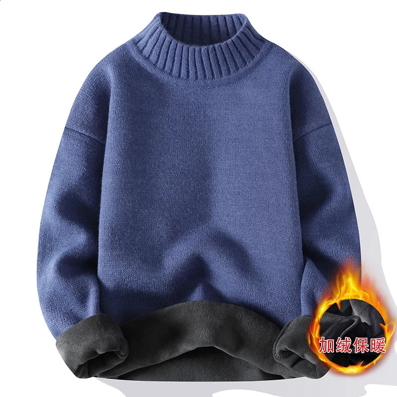 2024 AutumnWinter Fashion Solid Color Plus Fleece Thickened Warm Knitwear Mens Casual Loose Large Size High Quality Sweater 240812