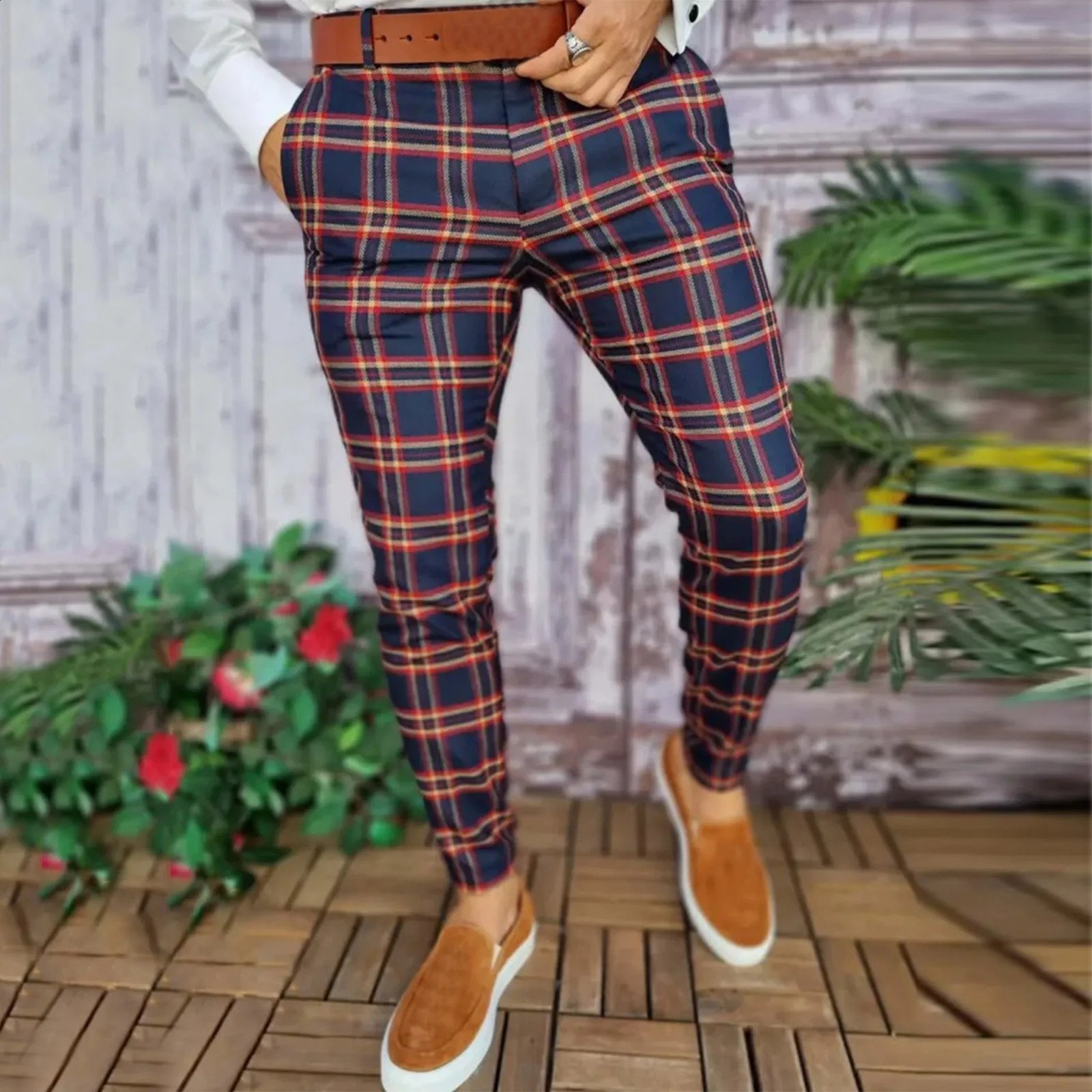 Plaid Print Casual Cargo Pants For Men Plus Size Pencil Pants Zipper Elastic Waist Pants Streetwear Male Sports Sweatpants 240812
