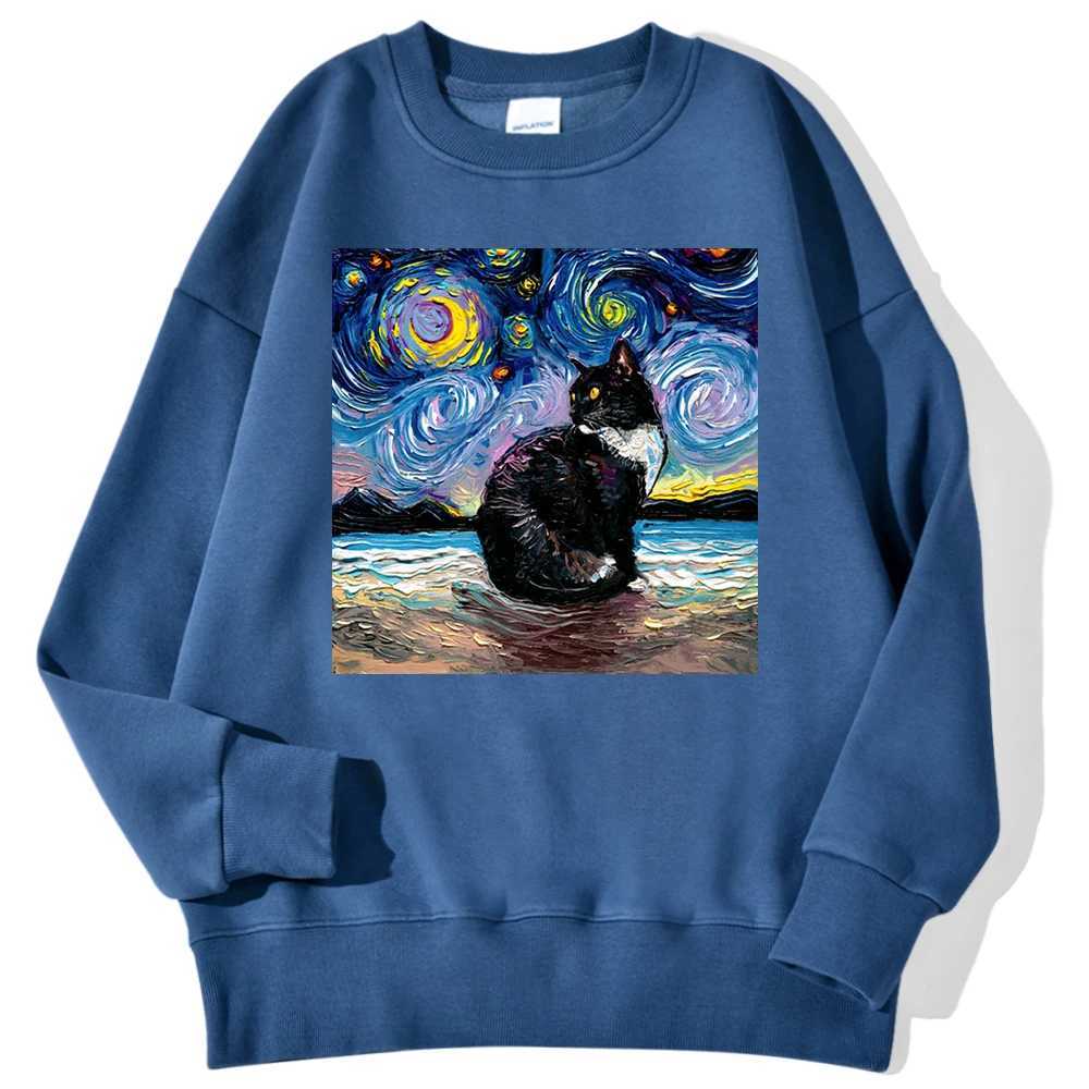 Cat Starry Sky Universe Prints Mens Sportswear Fashion Loose Autumn Hoodie Soft Wool Casual Zipper Simple O-neck DressW240724