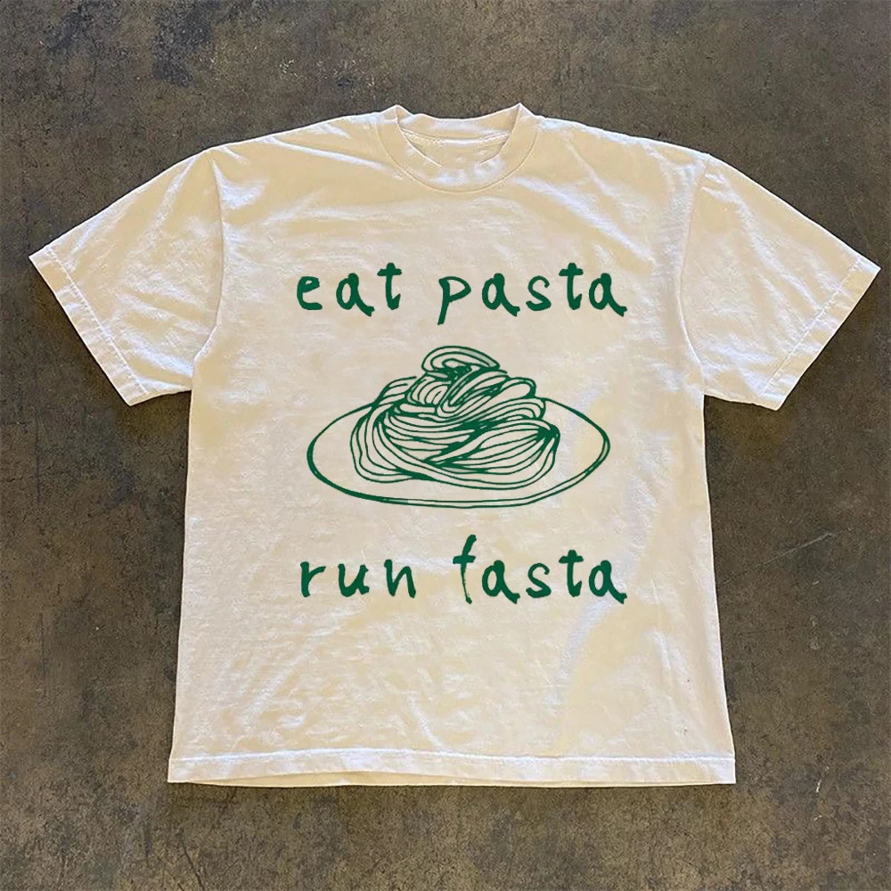 Eat Pasta Run Fasta T-Shirt Summer Cute Print Cartoon Fun Print Pattern Womens Fashion Style Clothing Beach Top T-Shirt. 240812