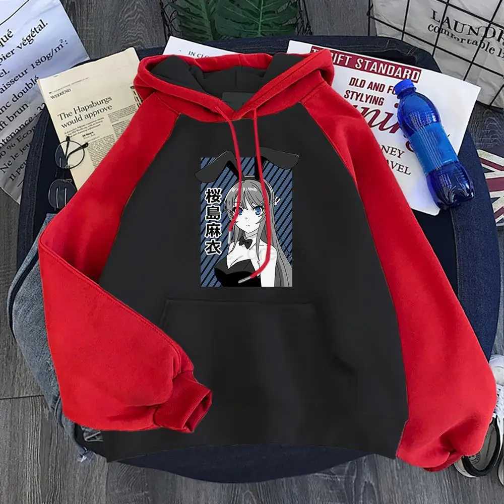 Korean Style Men Hoodie Love Novel Sakurajima Mai Bunny Girl Print Pullovers Warm Splicing Sweatshirts Fleece Pocket StreetwearsXJ240812