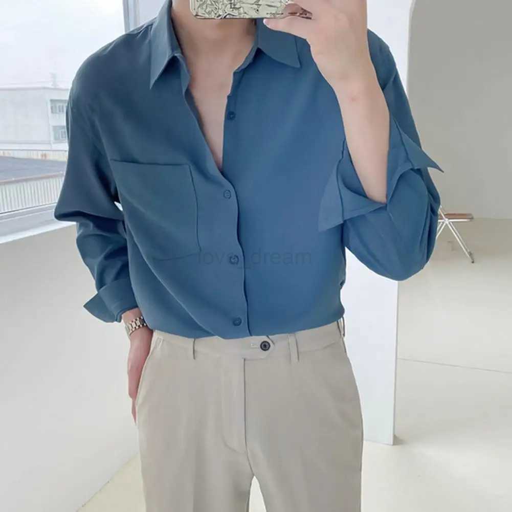 Casual Men Lapel Long Sleeve Single-breasted Patch Pocket Draped Men Shirt Slim Fit Solid Color Business Dress Shirt TopXJ240812