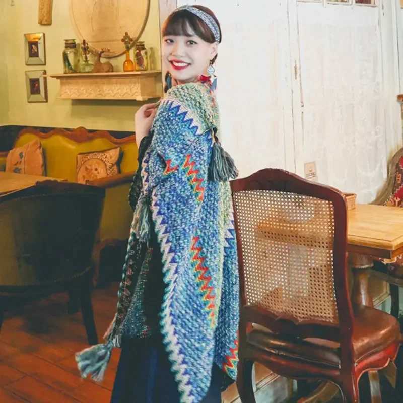 Womens knitted tassel ruffled floral raincoat sweater shawl bag tassel top striped cardigan jacket W240810