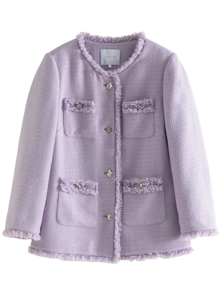 DUSHU 24.9% Wool Women Purple Tweed Jackets Round Neck Single Brested Loose Autumn Coat Fringed Raw Edge Women Mid-Length Jacket 240812