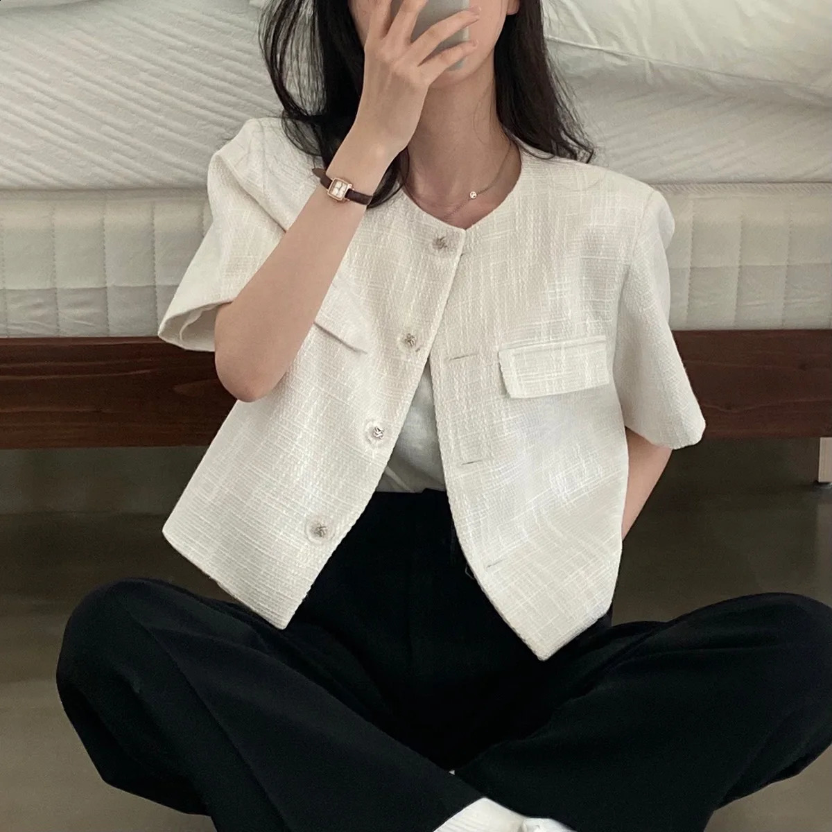 Womens high elegant Tweed Guardian Short Coat Pocket Single Breasted Jacket Short-sleeved Loise Outwear summer 240812