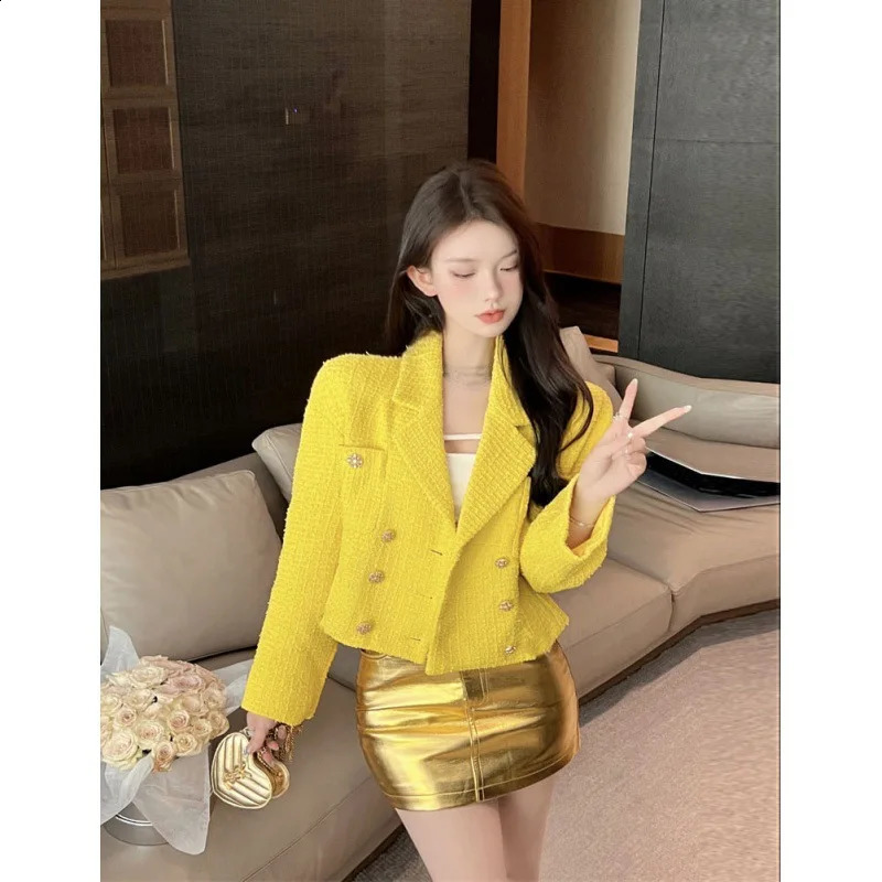 Womens Autumn Fashion Loose Cardigan Yellow Retro Tweed Short Suit Jacket Ladies Double Button Blazers 240812