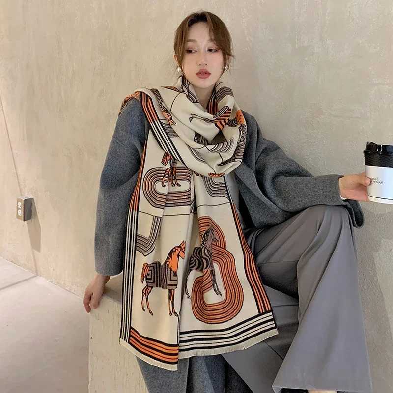 Luxury Winter Cashmere Scarf for Women 2024 Design Warm Cashmere Blanket Horse Scarf for Women Shawl Thick Wrap Foulard Bufanda W240810