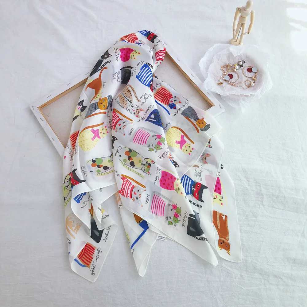 New Fashion Cat Printed Silk Square Scarf 90 * 90cm Womens Neck Hair Tie Strap Bag Knitted Soft Collar Headscarf W240810