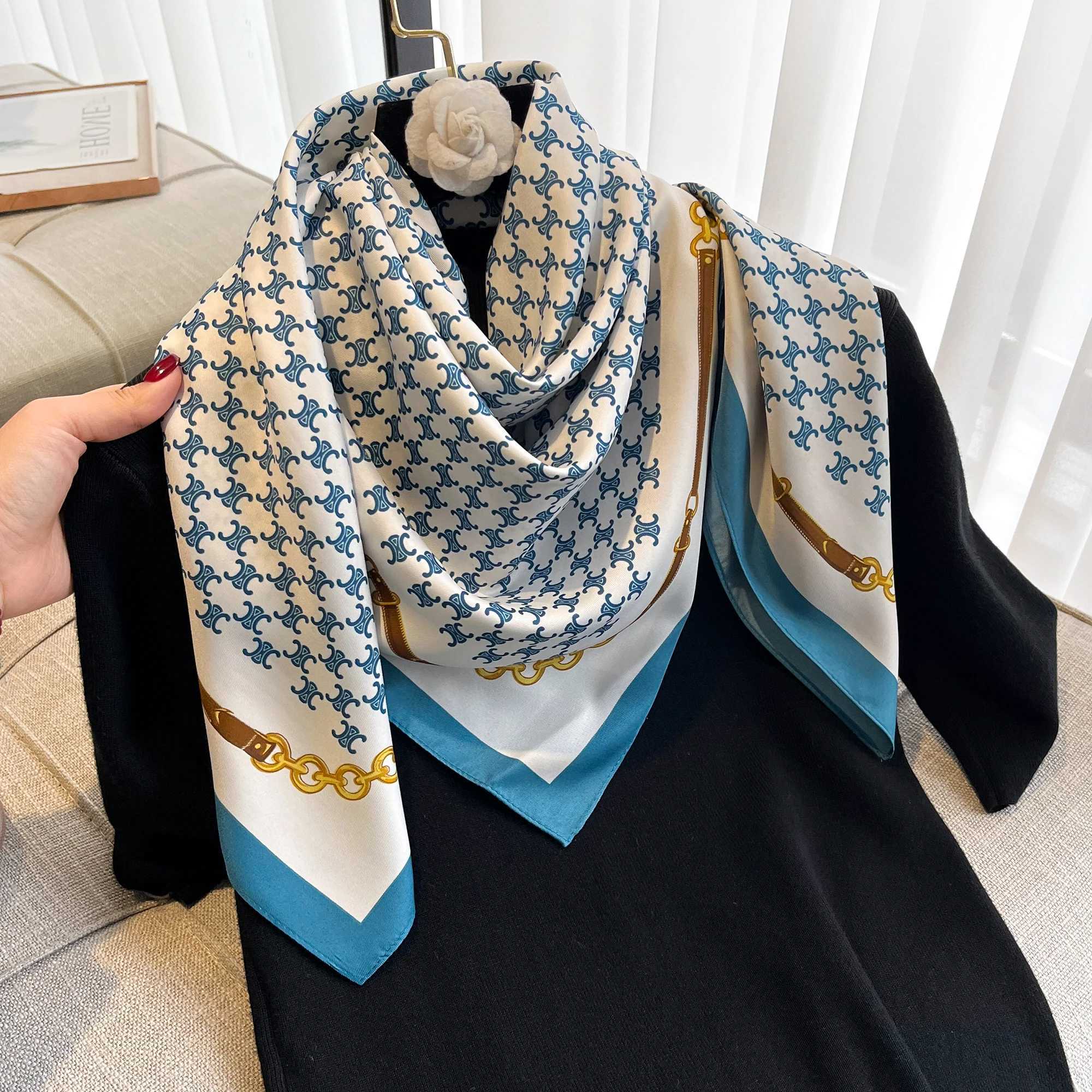 New fashion printed twill silk scarf womens headscarf Muslim headband 90cm square Bandana fountain summer shawl beach Stoles Echape W240810