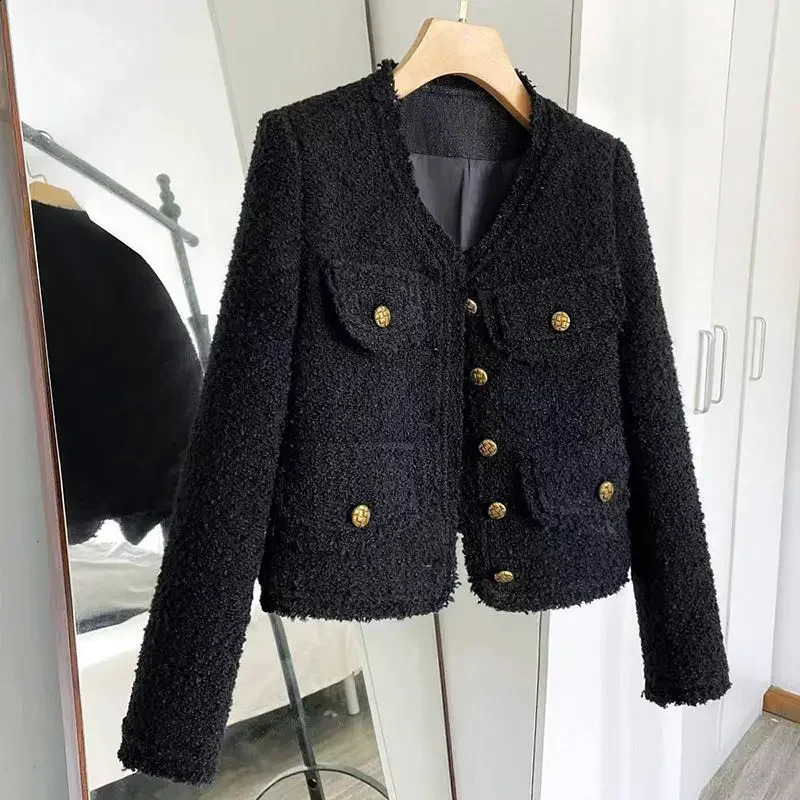 Spring Autumn Womens Jacket Tweed Blazer Vintage Long Sleeve Button Korean Chic Short Coat Black Office Lady Clothing 240812