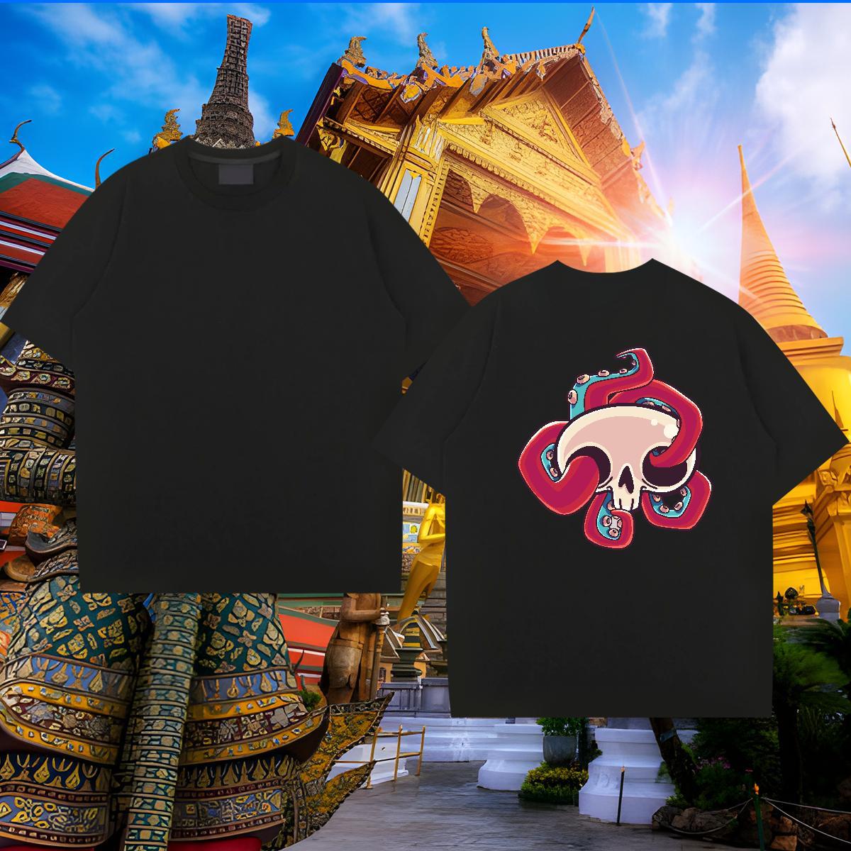 2024 Summer T Shirts Men skull Polos 230g 100% Cotton Daily Wear Loose Fit Custom Printing Breathable Soft Mens Tshirts