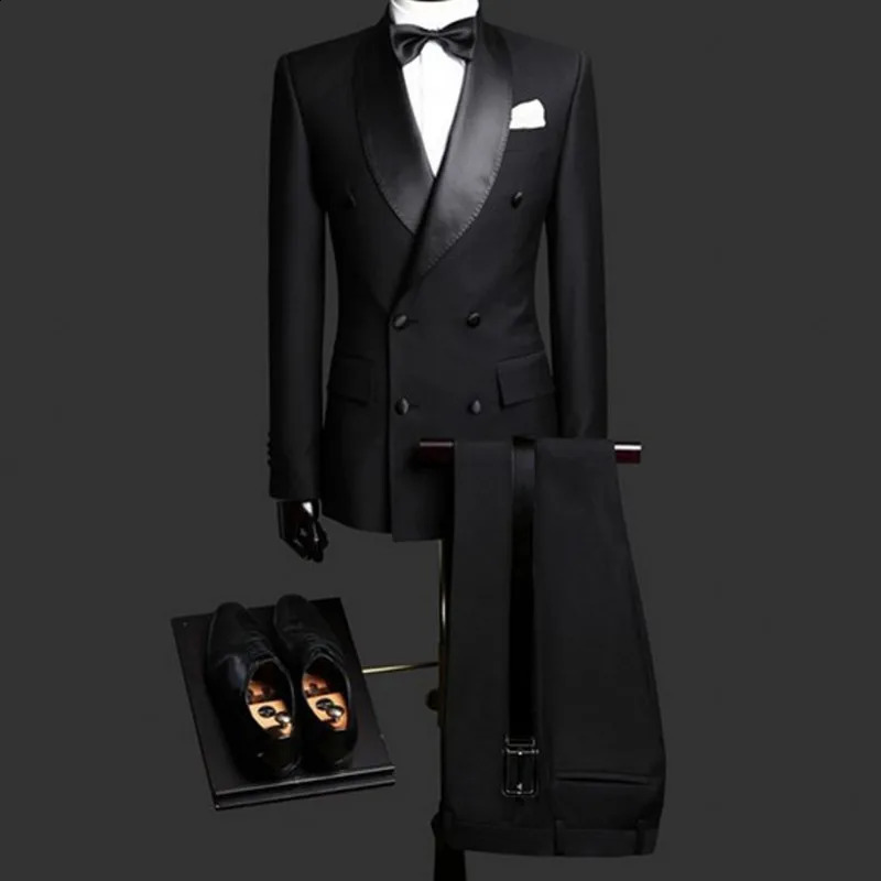 Slim Fit Men Suits with Double Breasted Black Formal Wedding Groom Tuxedos 2 Piece Business Male Fashion Set Jacket with Pants 240812