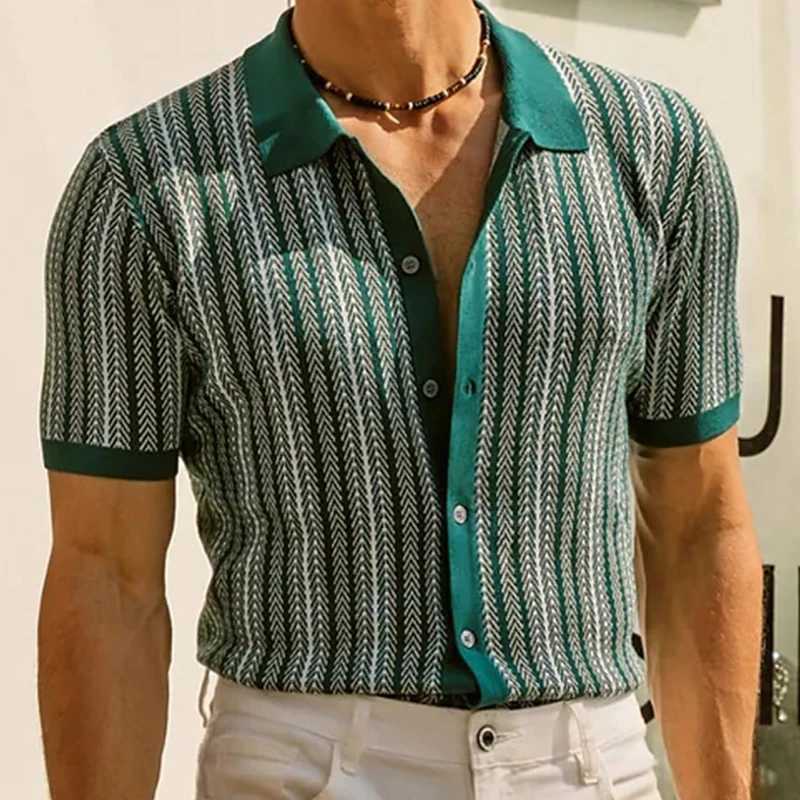 Summer Mens Luxury Knitted Printed Shirt Fashion Short Sleeve Button-down Shirts for Men Vintage Business Leisure KnitwearXJ240812