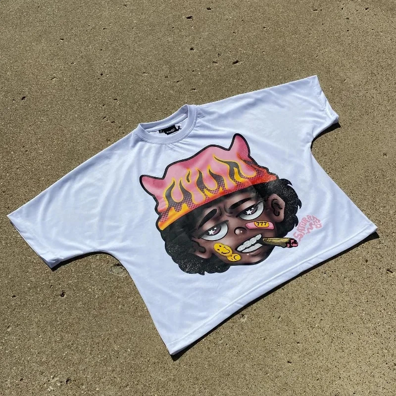 American trend retro oversized cartoon printed T-shirt womens Y2K cotton round neck short sleeved Harajuku Gothic loose top240812