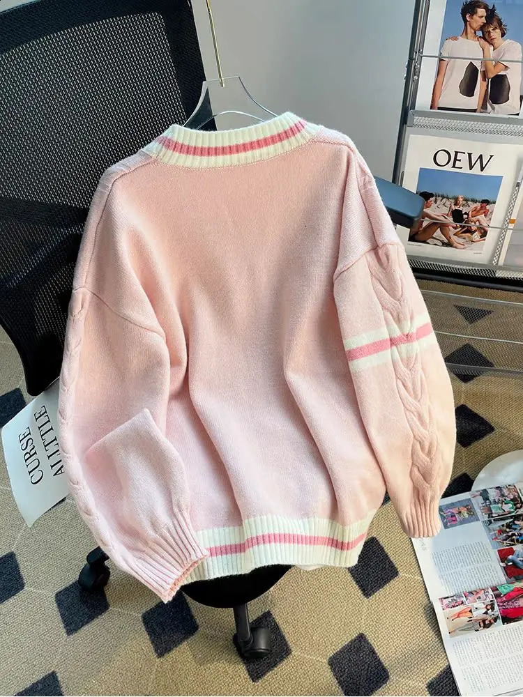 Womens Pink V-Neck Cardigan Knit Sweater Harajuku Y2k Kawaii Long Sleeves Bow Sweater Vintage 90s 2000s Aesthetic Clothes 240812