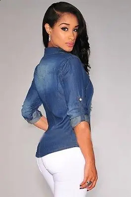 Women Casual Blue Jean Soft Denim Long Sleeve Shirt Tops Blouse Lady Button Pocket Slim Top Sexy Blouse 240812