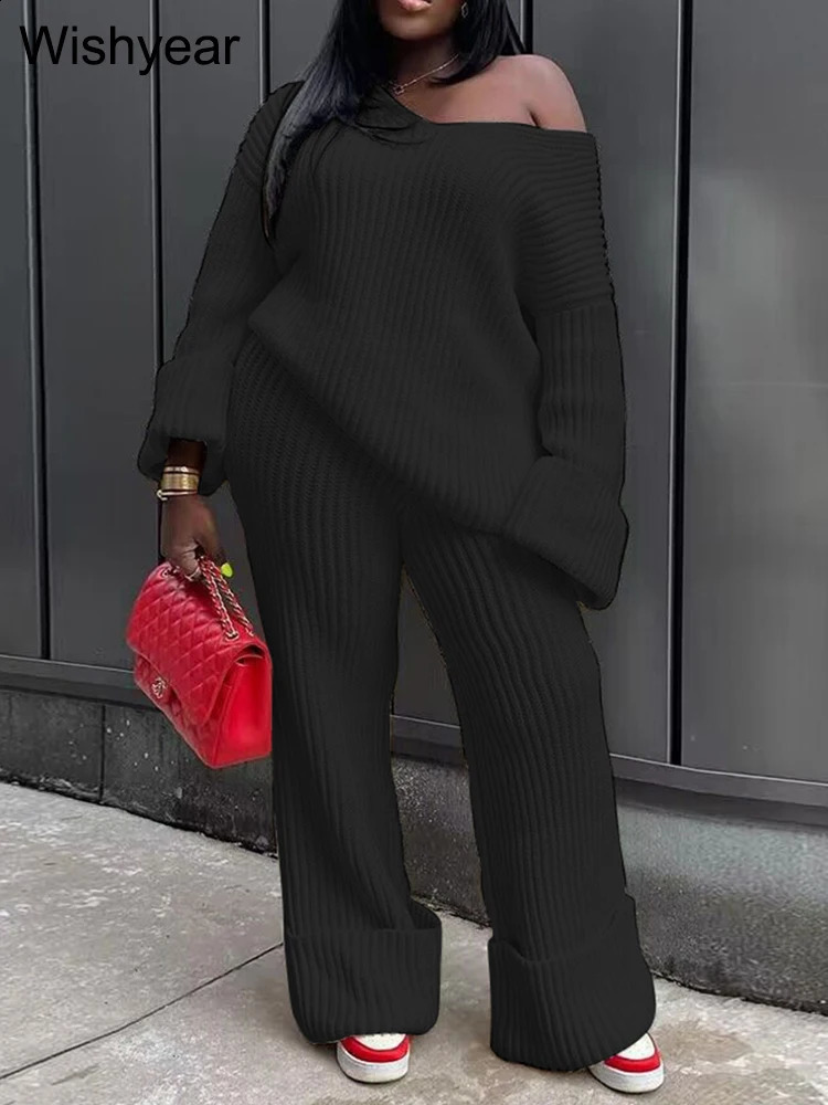 Sexy V Neck Off Shoulder Long Sleeve Sweatshirts Top Wide Leg Pants Knitted Two Piece Set Women Birthday Matching Loose Suits 240810