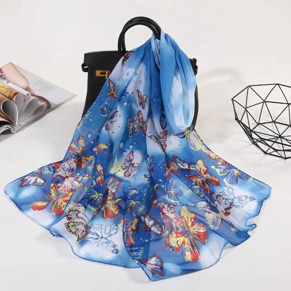 Fashionable synthetic silk scarf colorful chiffon shawl breathable summer butterfly printed long shawl packaged dress W240810