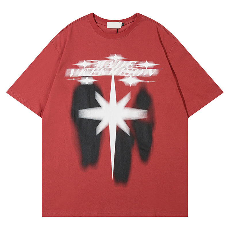 Mens Science Fiction Character Hexagram Print Pattern American Street Personality Niche Couple Dress Ins Short Sleeve t
