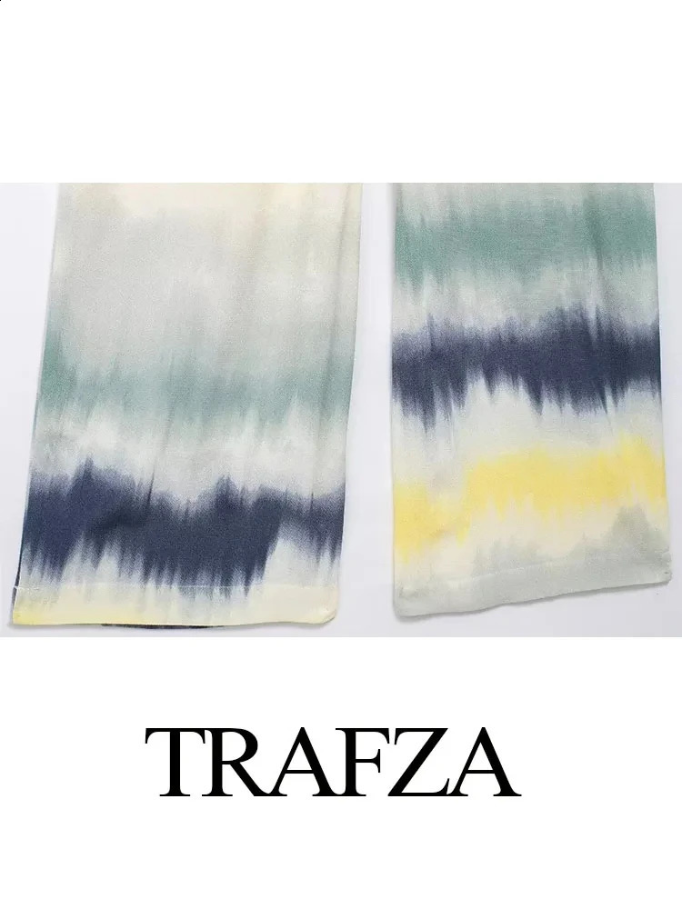 TRAFZA Women Printed Tied Pants Sets 2024 Tie Dye Long Sleeves Single Breasted ShirtsElastic Waist LaceUp Wide Leg TRAF y240815