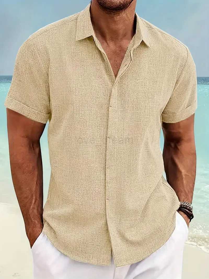 Summer Fashion Mens casual beach short-sleeved Shirt lapel solid color short-sleeved Shirt for MenXJ240812