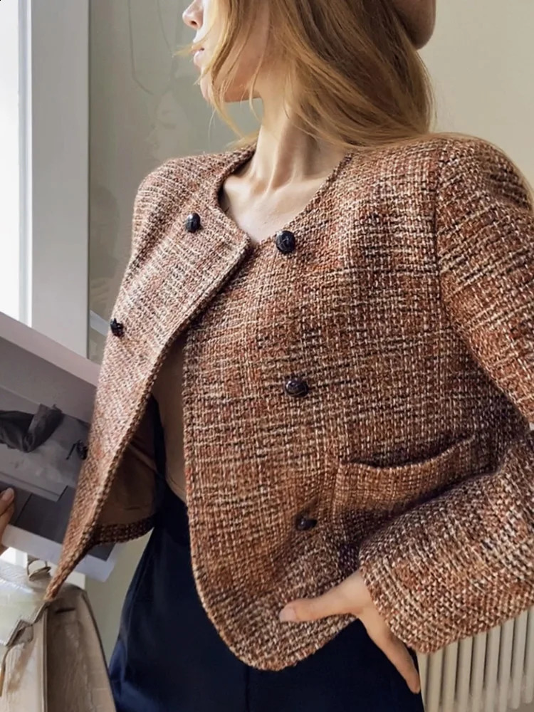 Dabuwawa Double Breasted Tweed Coat Vintage Women Collection O Neck Jacket Light Weight Fancy Suiting DM1COT019 240812