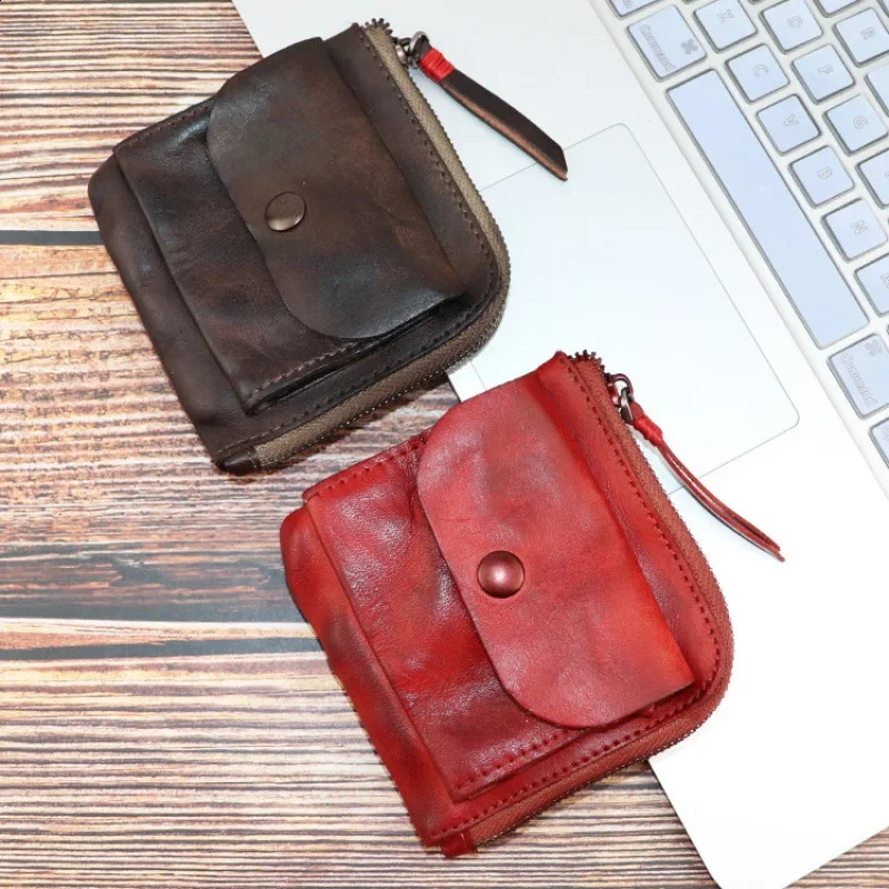 Coin purchase handmade coin purse creative pocket zipper buckle mens and womens genuine leather retro square 240810