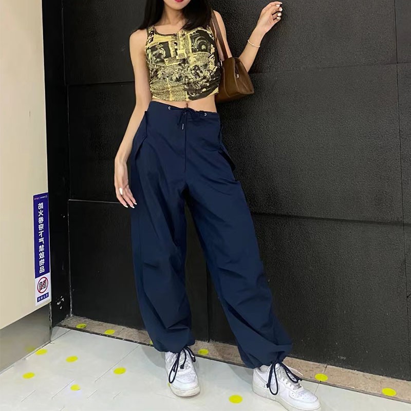 Clash navy blue vintage super loose paper bag pants temperament Hepburn style niche wide leg pants women