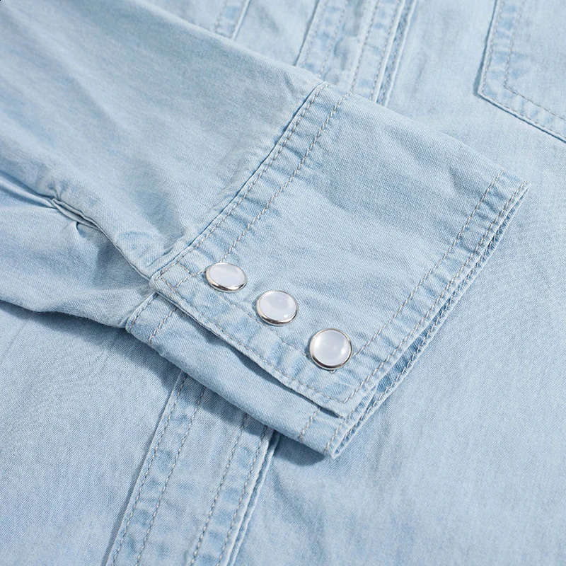 Autumn Denim Shirts Blouses Women Long Sleeve Top Sky Blue Color Single Buttons Elegant Korean Tops Shirts With Pockets 240812