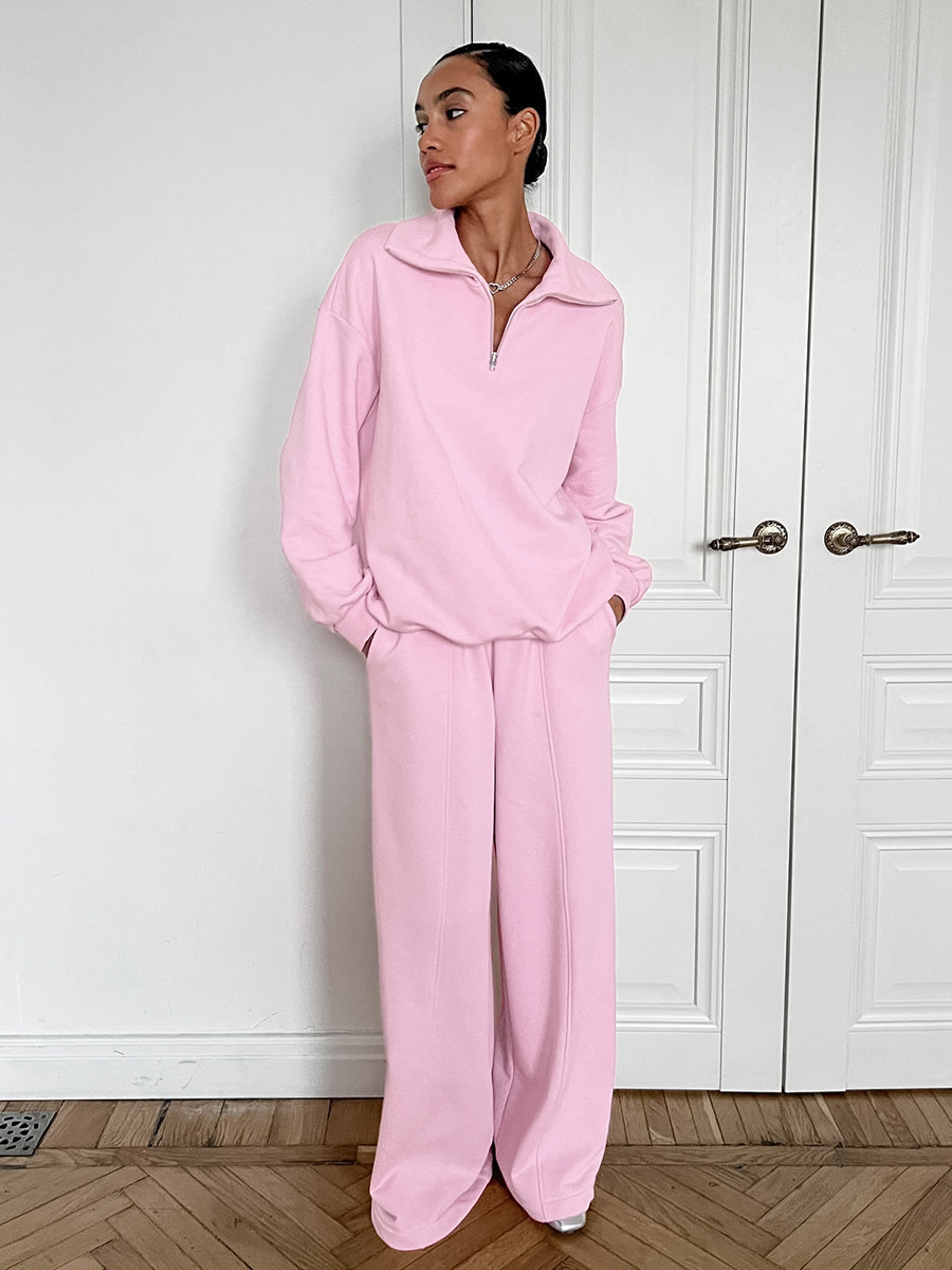 Autumn and winter pink looped cloth hoodie set for womens casual polo shirt and sweatpants two piece set womens clothing