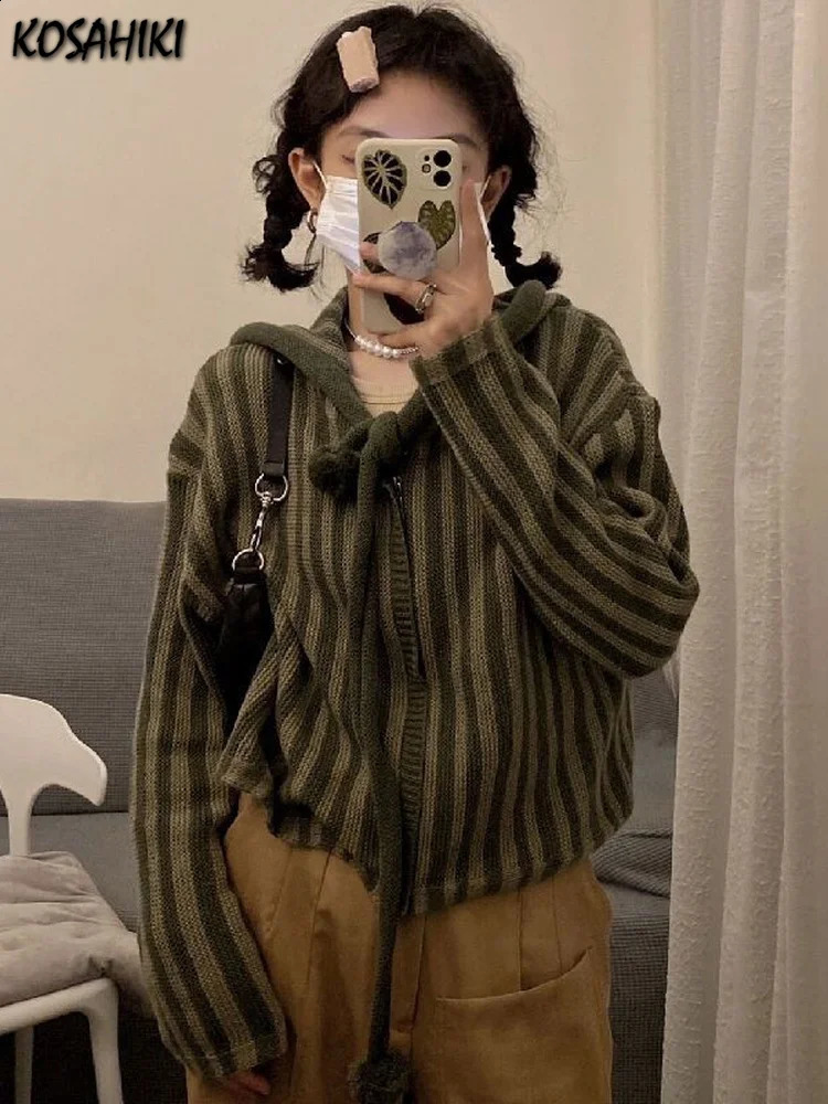 Spring Autumn Korean Hooded Loose Harajuku Sweaters Women Striped Zipper Cardigan Knitted Fashion Gothic Y2k Tops Jumper 240812